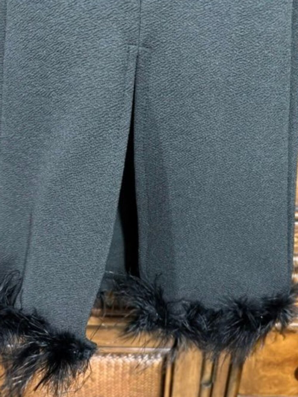 Shein Black Feather Trim Front Seam Front Slit Stretch Crepe Pant - Picture 5 of 10